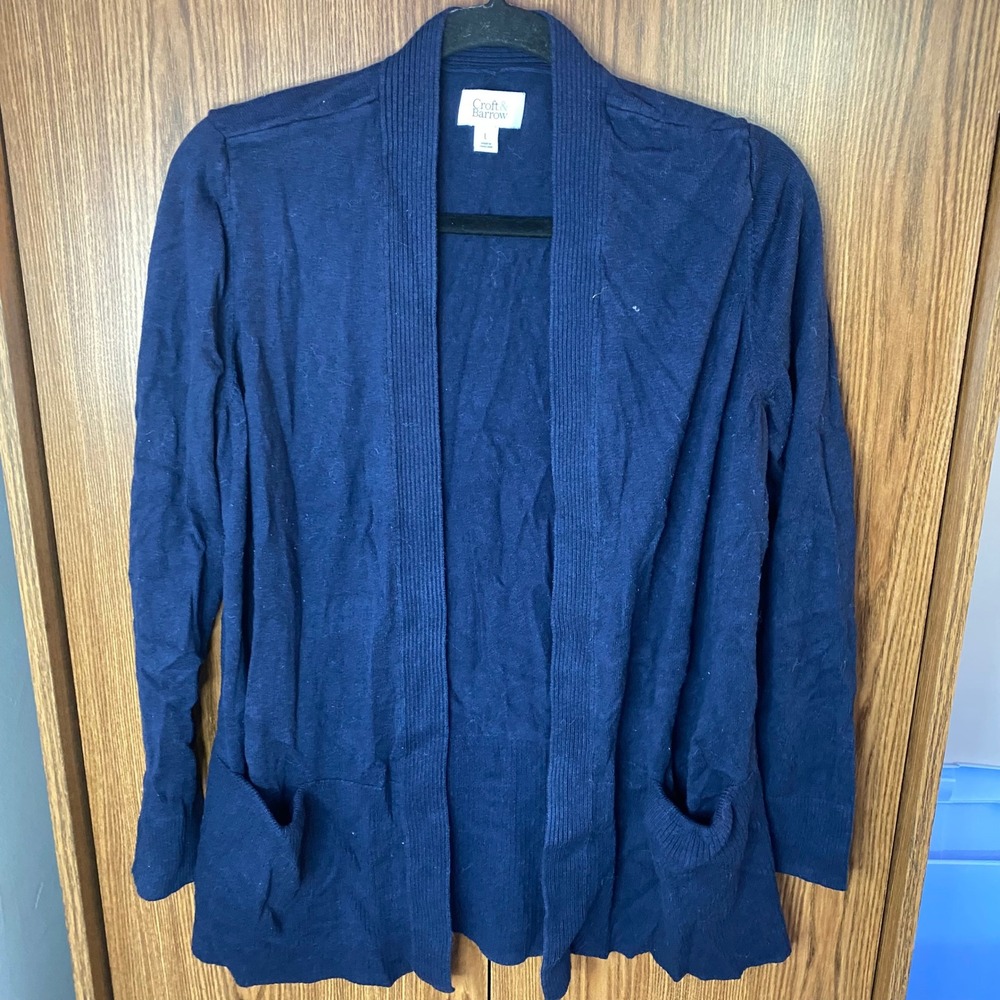 Croft & Barrow Cardigan Womens Large Navy Blue Open Front Ribbed Knit Pocket‎
